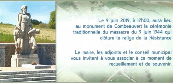 9 juin 2019. Commémoration et dépôt de gerbe au monument de Combeauvert, commune de Janaillat